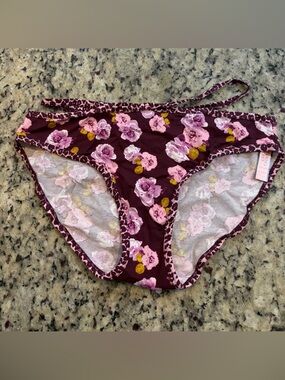 Victoria's Secret Burgundy Floral Bikini Panty with Pink Roses